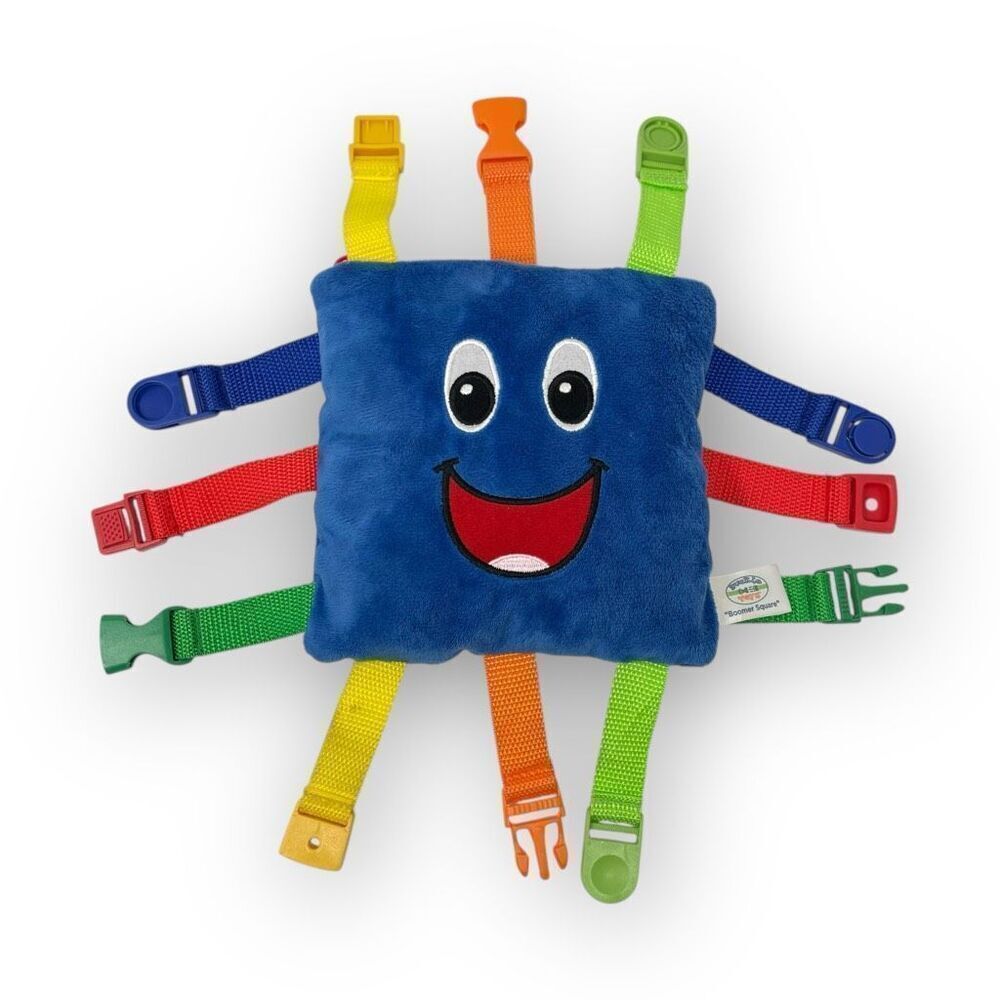 Buckle Toys Boomer Square Plush Blue Smile Embroidered Toddler Baby Learning